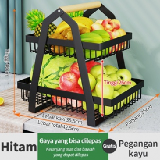 HITAM BESAR RAK BAWANG Keranjang Rak Dapur Rak Buah Besi Rak Dapur Besi Kayu Serbaguna Dapur Rak 2 Tingkat Dapur