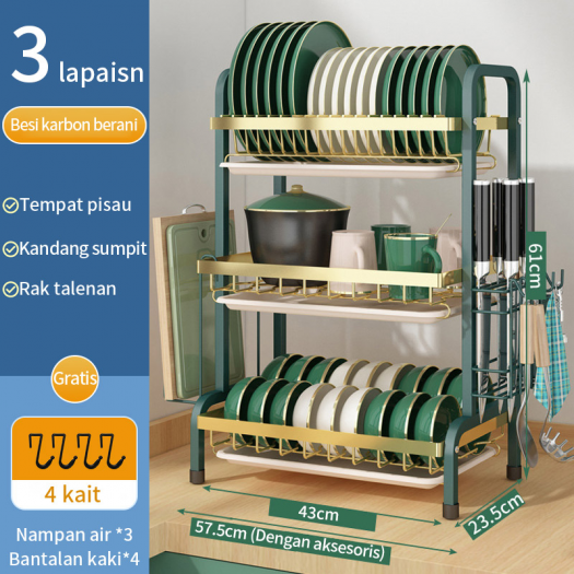 43cm 3 TINGKAT HIJAU Rak Piring Rak Cuci Piring Rak Penyimpanan Dapur Stainless Steel Dish Rack Muat Mangkuk Dan Piring 