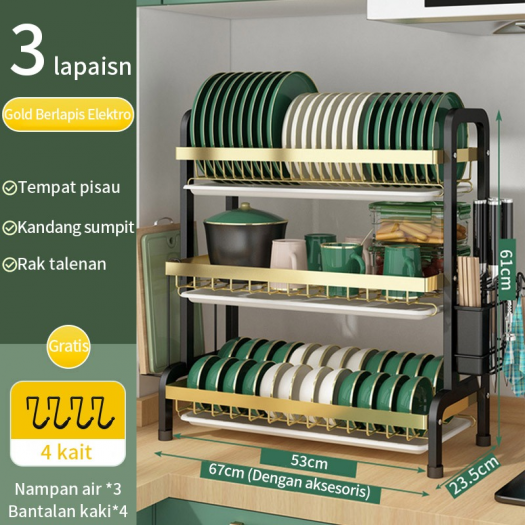 53cm 3 TINGKAT GOLD KILAU Rak Piring Rak Cuci Piring Rak Penyimpanan Dapur Stainless Steel Dish Rack Muat Mangkuk Dan Piring 