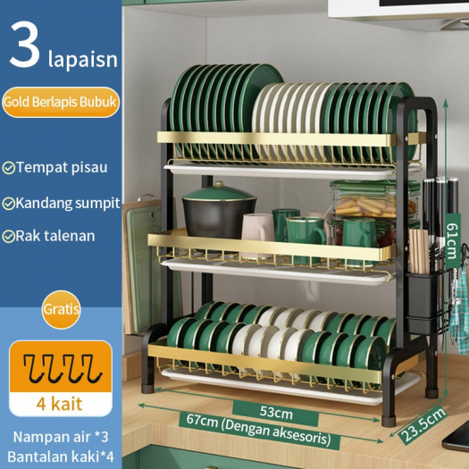 53cm 3 TINGKAT GOLD Rak Piring Rak Cuci Piring Rak Penyimpanan Dapur Stainless Steel Dish Rack Muat Mangkuk Dan Piring 