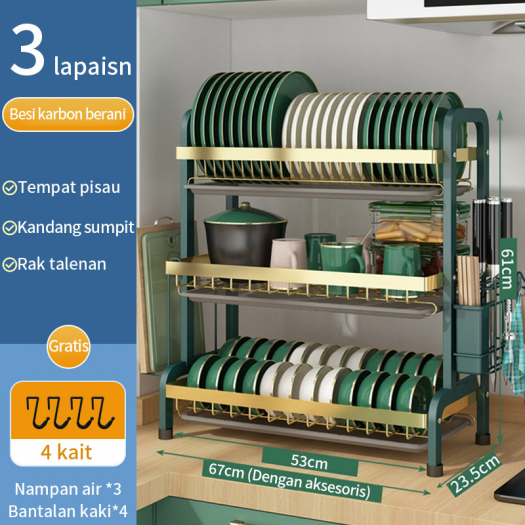 53cm 3 TINGKAT HIJAU Rak Piring Rak Cuci Piring Rak Penyimpanan Dapur Stainless Steel Dish Rack Muat Mangkuk Dan Piring 