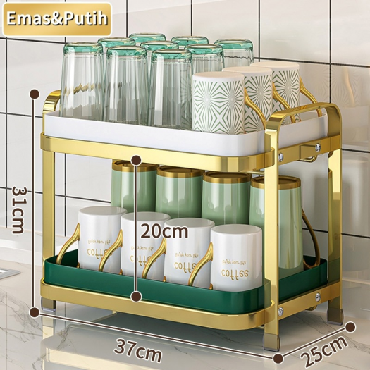 HIJAU GOLD Hadiah kado lebaran natal Rak Cangkir Rak Penyimpanan Dapur Cangkir Kopi Rak Kaca Rak Pembuangan Gelas