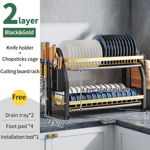 NEW 43cm 2 TINGKAT GOLD Rak Piring Rak Cuci Piring Rak Penyimpanan Dapur Stainless Steel Dish Rack Muat Mangkuk Dan Piring 