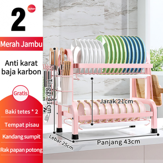 NEW 43cm 2 TINGKAT PINK Rak Piring Rak Cuci Piring Rak Penyimpanan Dapur Stainless Steel Dish Rack Muat Mangkuk Dan Piring 