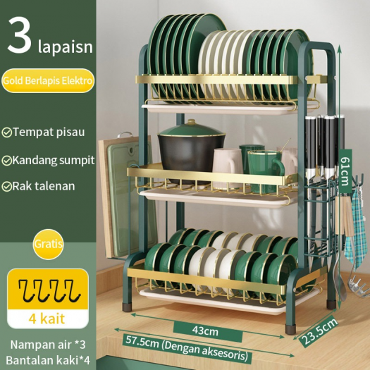 NEW 43cm 3 TINGKAT GOLD KILAU Rak Piring Rak Cuci Piring Rak Penyimpanan Dapur Stainless Steel Dish Rack Muat Mangkuk Dan Piring 