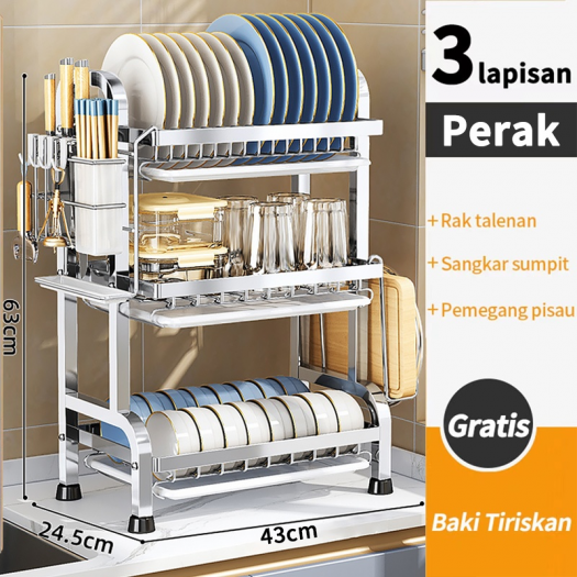 NEW 43cm 3 TINGKAT PERAK Rak Piring Rak Cuci Piring Rak Penyimpanan Dapur Stainless Steel Dish Rack Muat Mangkuk Dan Piring 