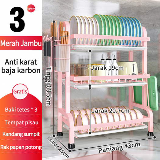 NEW 43cm 3 TINGKAT PINK Rak Piring Rak Cuci Piring Rak Penyimpanan Dapur Stainless Steel Dish Rack Muat Mangkuk Dan Piring 