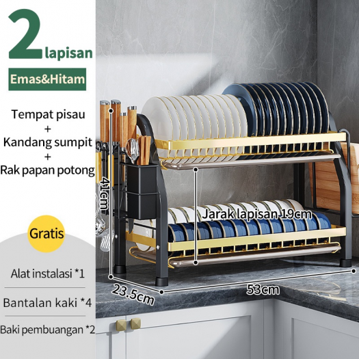 NEW 53cm 2 TINGKAT GOLD Rak Piring Rak Cuci Piring Rak Penyimpanan Dapur Stainless Steel Dish Rack Muat Mangkuk Dan Piring 