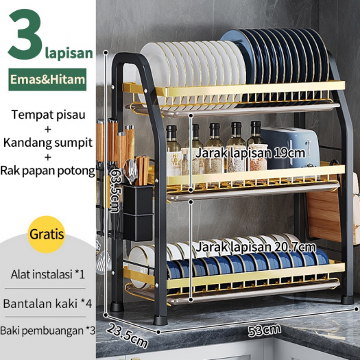 NEW 53cm 3 TINGKAT GOLD Rak Piring Rak Cuci Piring Rak Penyimpanan Dapur Stainless Steel Dish Rack Muat Mangkuk Dan Piring 