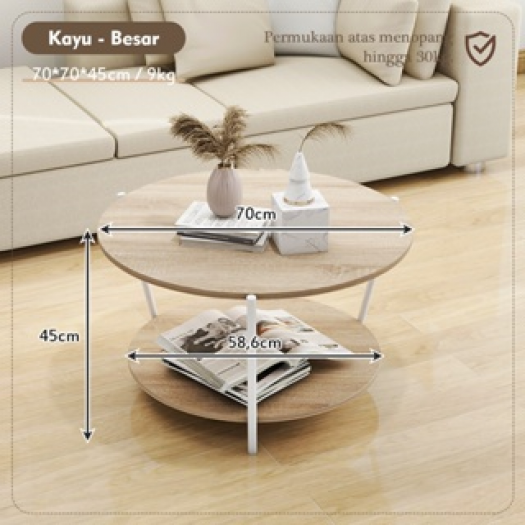 OAK Meja Kopi Bulat Besar Meja Aesthetic Meja Sudut Dua Tingkat Minimalis Besi anti karat dan  Kayu Furniture